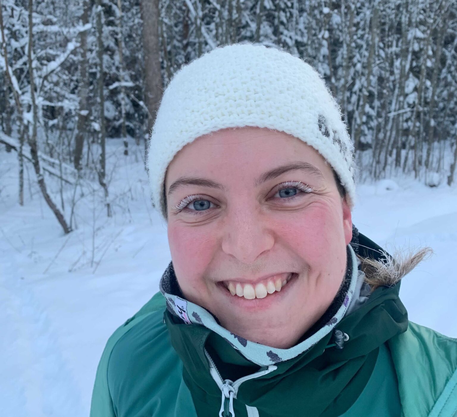 Anna outside with snow in the eyelashes