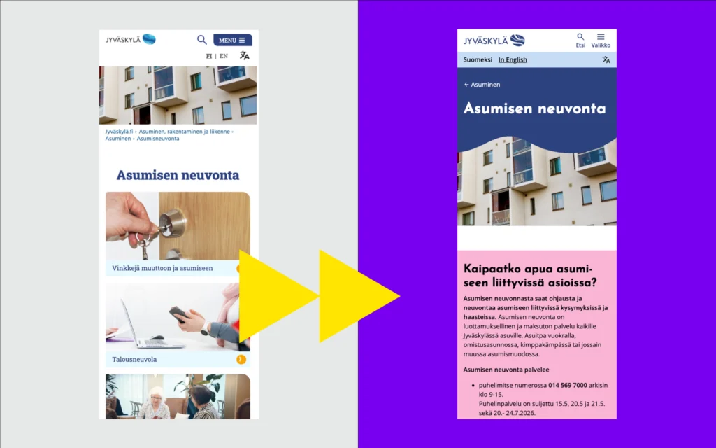 Kuva Jyväskylän kaupungin vanhasta sekä uudesta sivusta.