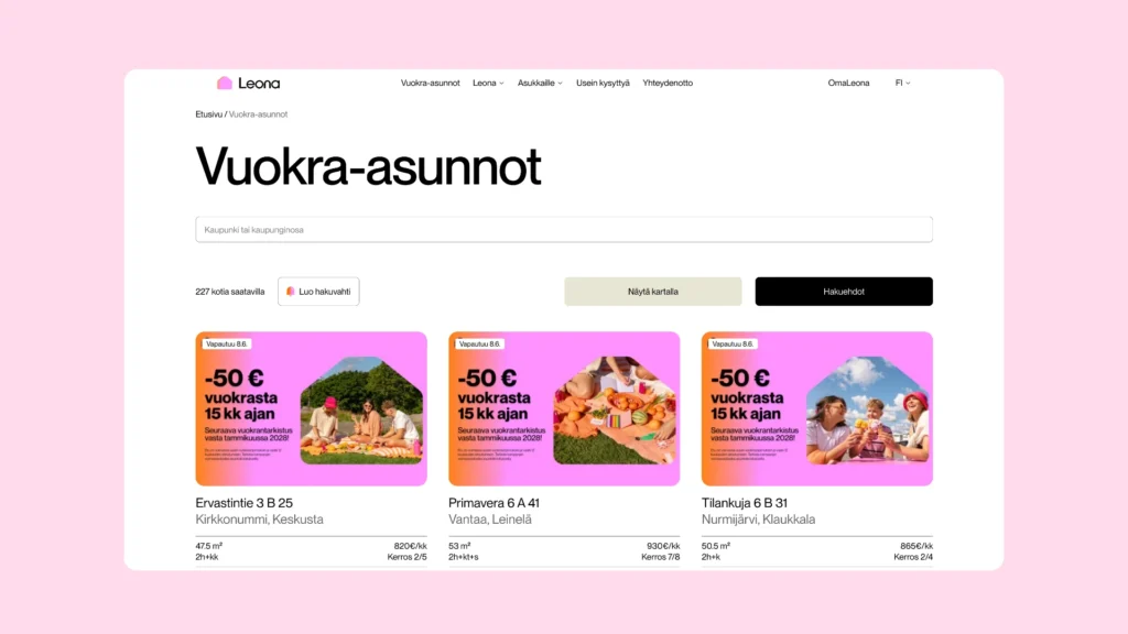Desktop näkymä verkkosivuista.